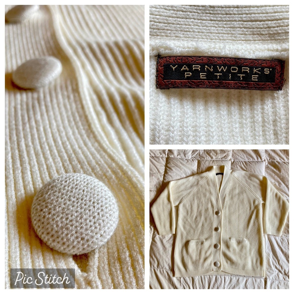 Vtg 90s Yarnworks Petite M/L Rib Knit Cardigan Sweater CoveredButton Cream White